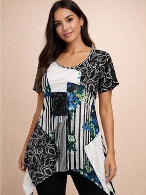 Papa Vancouver Patchwork Tunic Top Sz M Abstract Stripe Asymmetrical Lagenlook